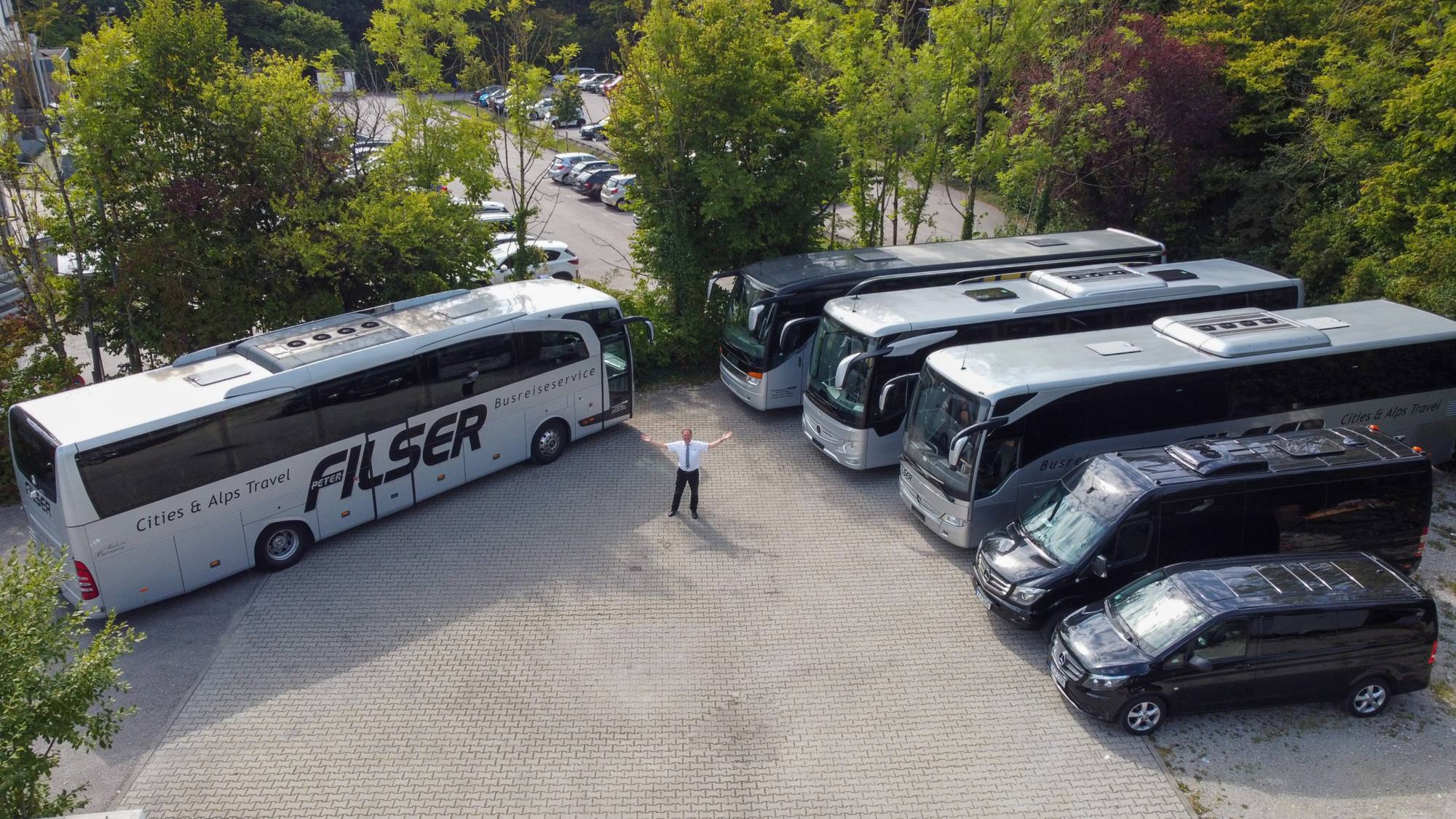 The Busreisen Filser fleet from above: touring coaches, minibuses and limousines