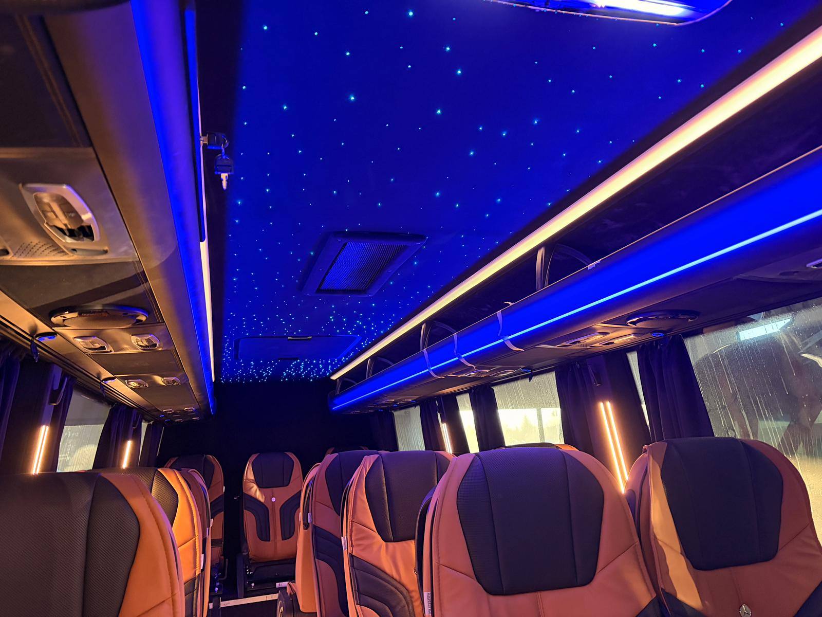 Interior of the VIP Sprinter with leather seats and starry-sky ceiling