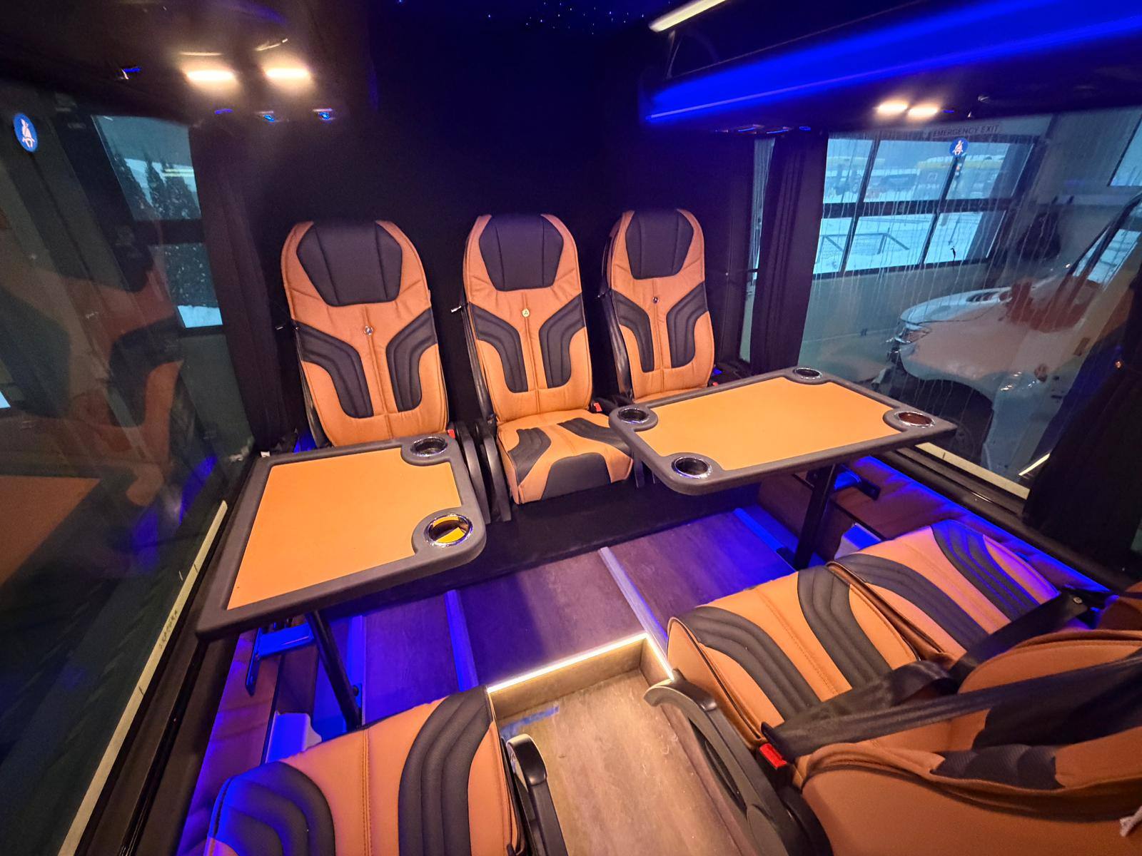 Conference tables between the leather seats
